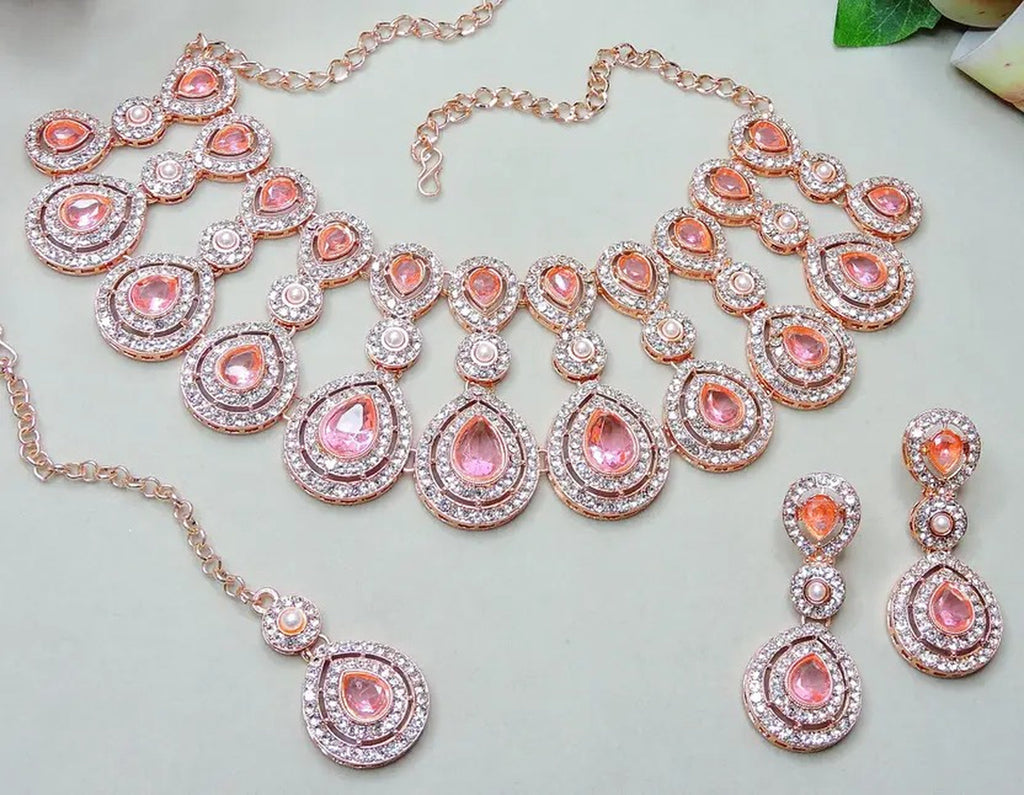 Jewel City Rose Gold-Plated Necklace Set with Earrings & Maang Tikka for Women – Sparkling Bridal Party Jewelry