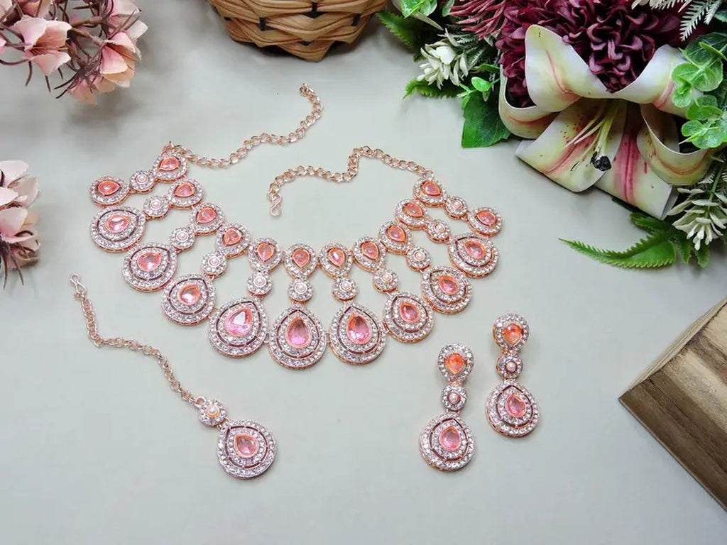 Jewel City Rose Gold-Plated Necklace Set with Earrings & Maang Tikka for Women – Sparkling Bridal Party Jewelry