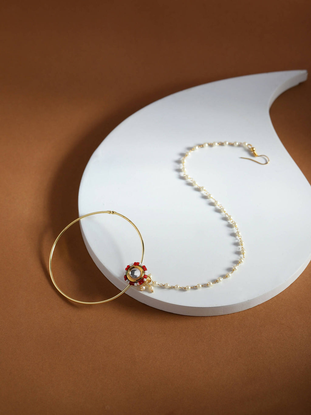 Gold-Pleated Red White Kundan Studded Beaded Chained Nosepin - Ruby Raang - Distacart