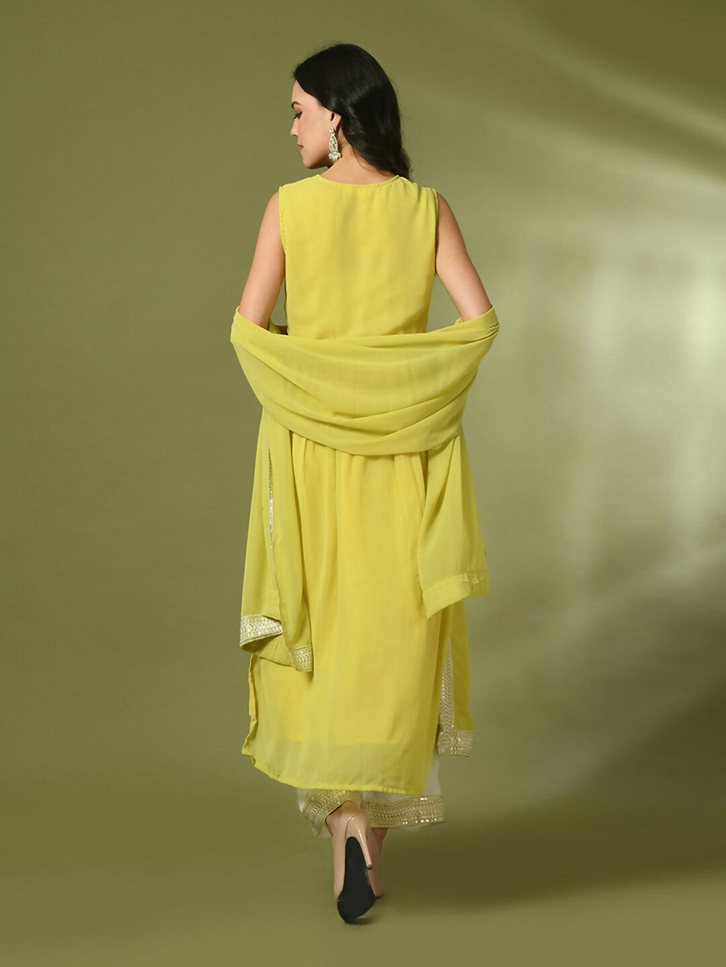 Myshka Women's Yellow Solid Georgette Anarkali Party Kurta Set With Dupatta