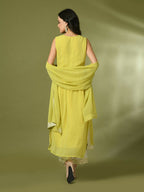 Myshka Women's Yellow Solid Georgette Anarkali Party Kurta Set With Dupatta