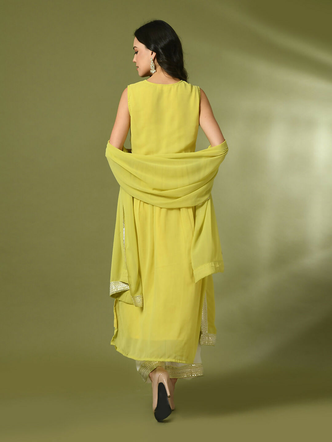 Myshka Women's Yellow Solid Georgette Anarkali Party Kurta Set With Dupatta
