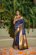 Jyoti Fashion Women's Navy Blue Paithani Silk Zari Woven Saree with Blouse