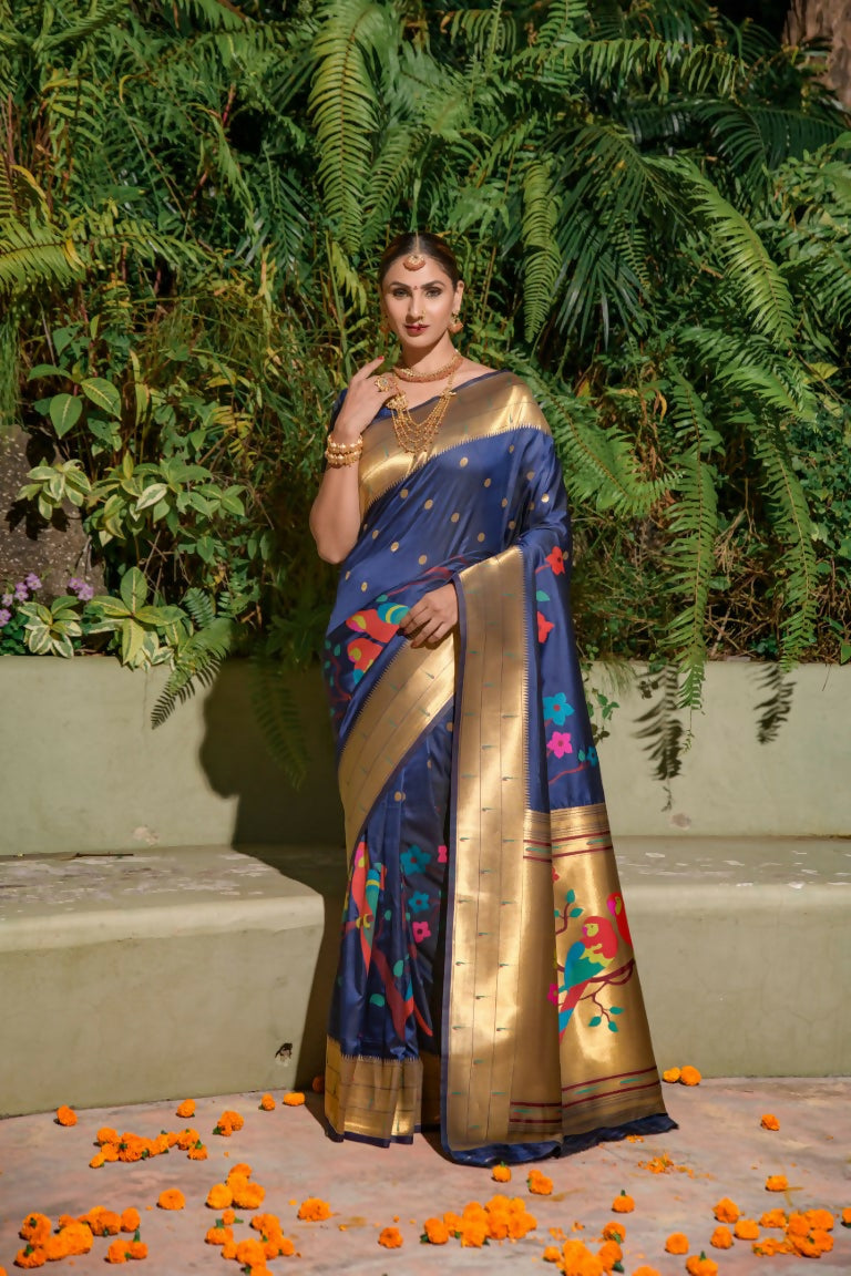 Jyoti Fashion Women's Navy Blue Paithani Silk Zari Woven Saree with Blouse