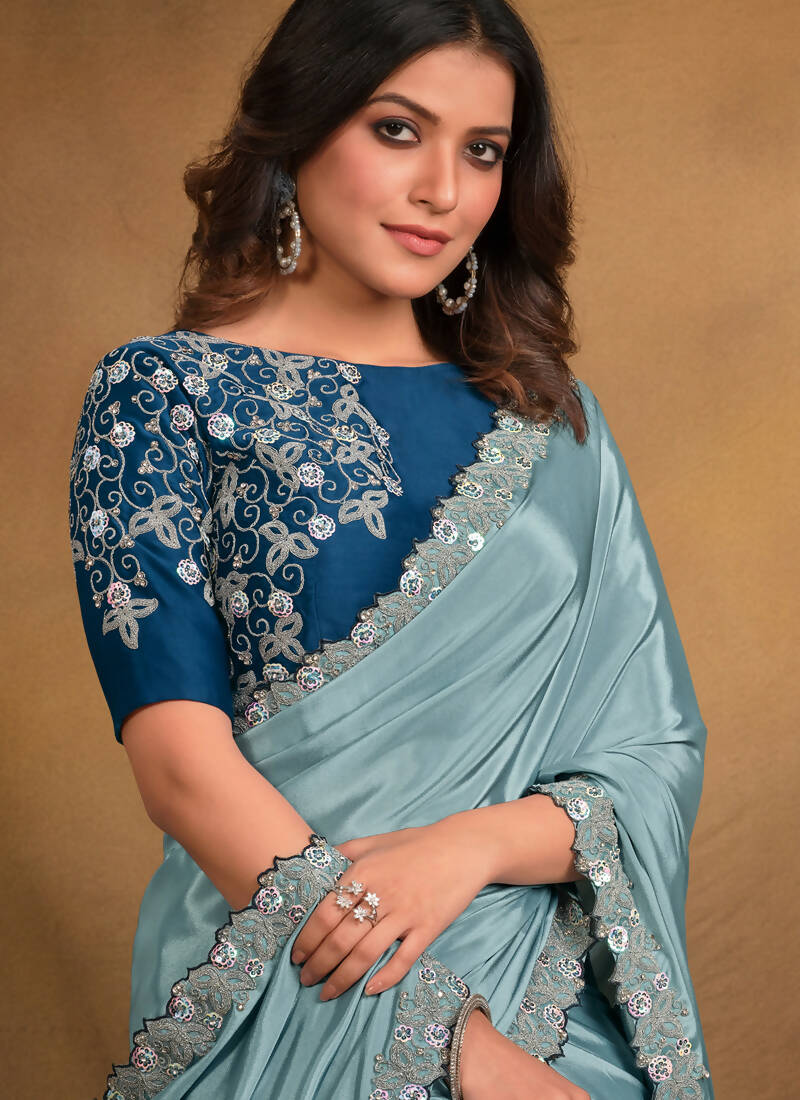 Light Blue Crepe Georgette Silk Designer Saree with Unstitched Blouse - Norita Mahitha