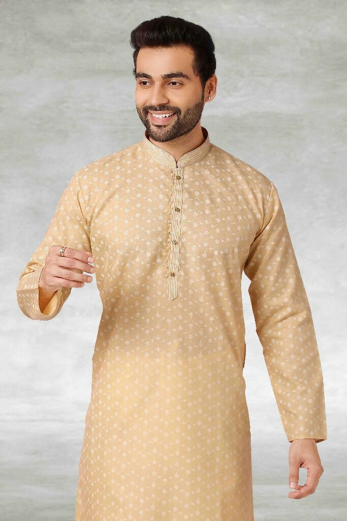 Raivat Ethnic Cotton Printed Work Kurta Pajama In Beige Colour
