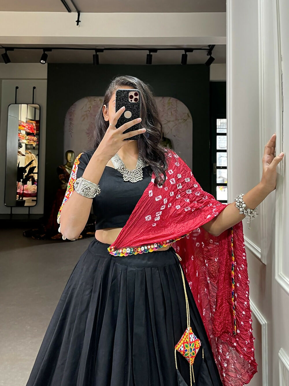 Vastranavya Navaratri Special Pure Cotton Plain With Gotta Patti Touch Up Lehenga Stitched Choli - Black