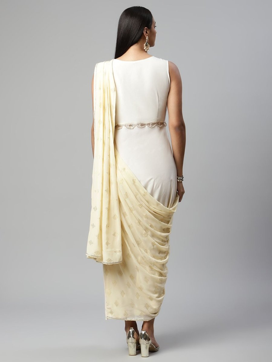 Ahalyaa Women Off White Crepe Georgette Saree Dress With Printed Pallu - Distacart