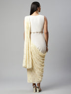 Ahalyaa Women Off White Crepe Georgette Saree Dress With Printed Pallu - Distacart