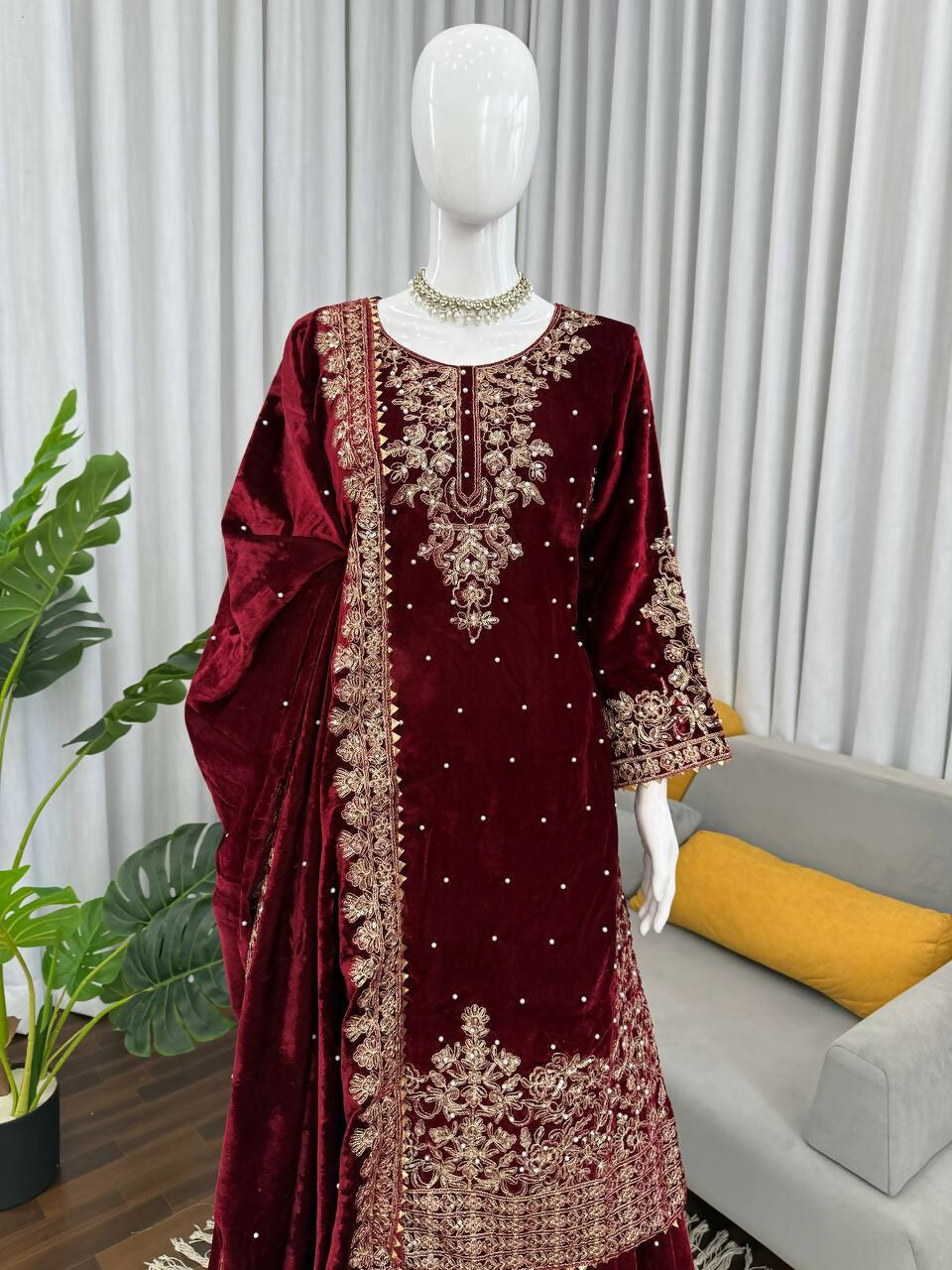 Vastranavya Maroon Viscose Velvet Cording Sequence With Moti Work Top-Bottom With Dupatta - Distacart