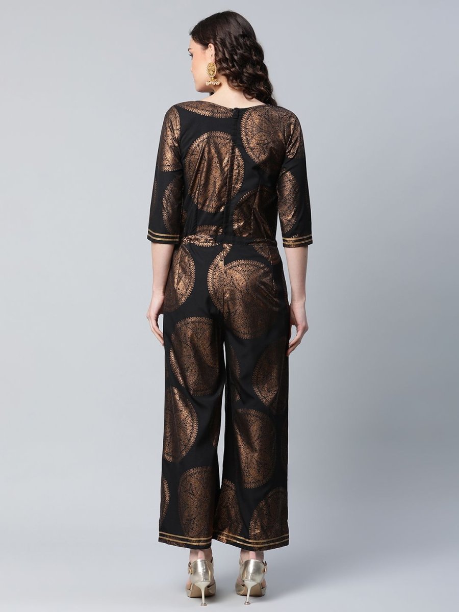 Ahalyaa Womens Black Crepe Copper Foil Printed Jumpsuit