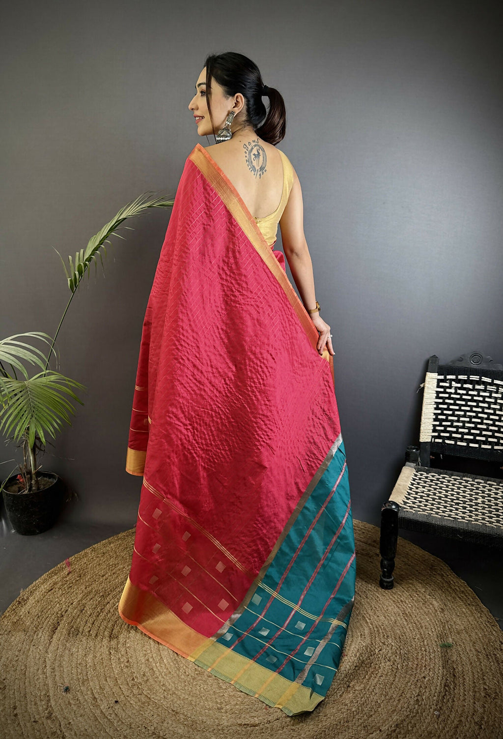 Joban Fashion Hot Pink Bhagalpuri Cotton Silk Stripes/Box Saree - Distacart