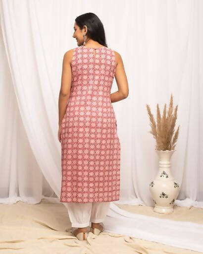 FIORRA Women's Floral Printed Pink Cotton Straight Kurta