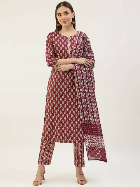 FIORRA Women's Maroon Cotton Straight Kurta Pant With Dupatta