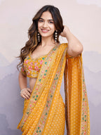 Yellow Georgette Bandhani Printed,Embroidery Work Saree - Surkhi