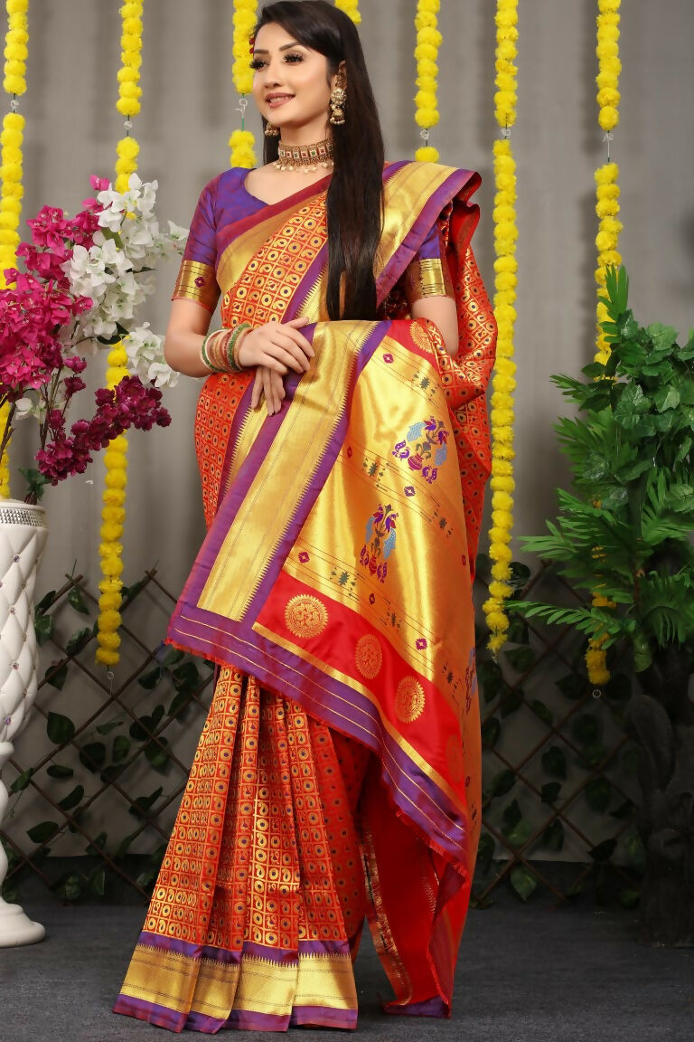 Jyoti Fashion Women's Maroon Banarasi Silk Zari Woven Saree with Blouse