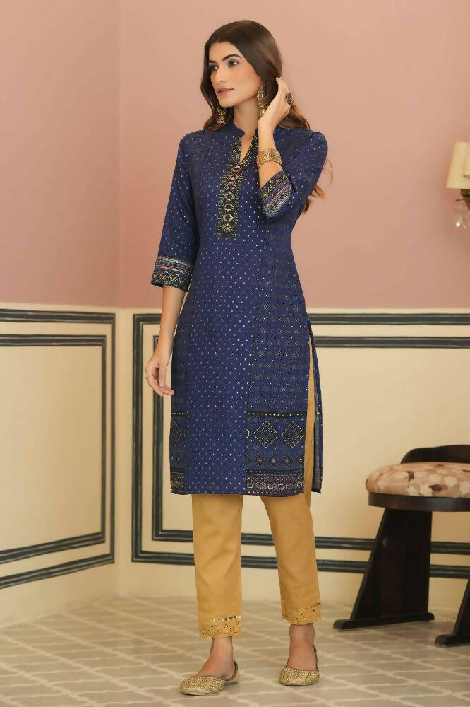 Juniper Indigo Rayon Festive Gold Foil Printed Straight Kurta For Women - Distacart