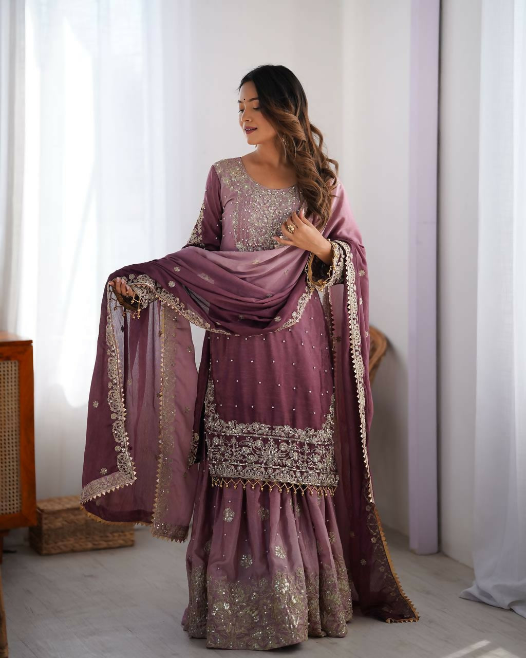 The52 Women's Beautiful Chinon silk Fabric Embroidery Work Straight Kurta Palazzo and Dupatta Set - Distacart