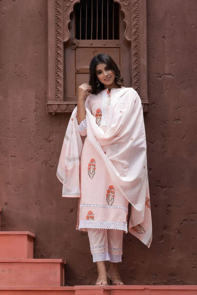 Yufta Peach Printed Dupatta Set