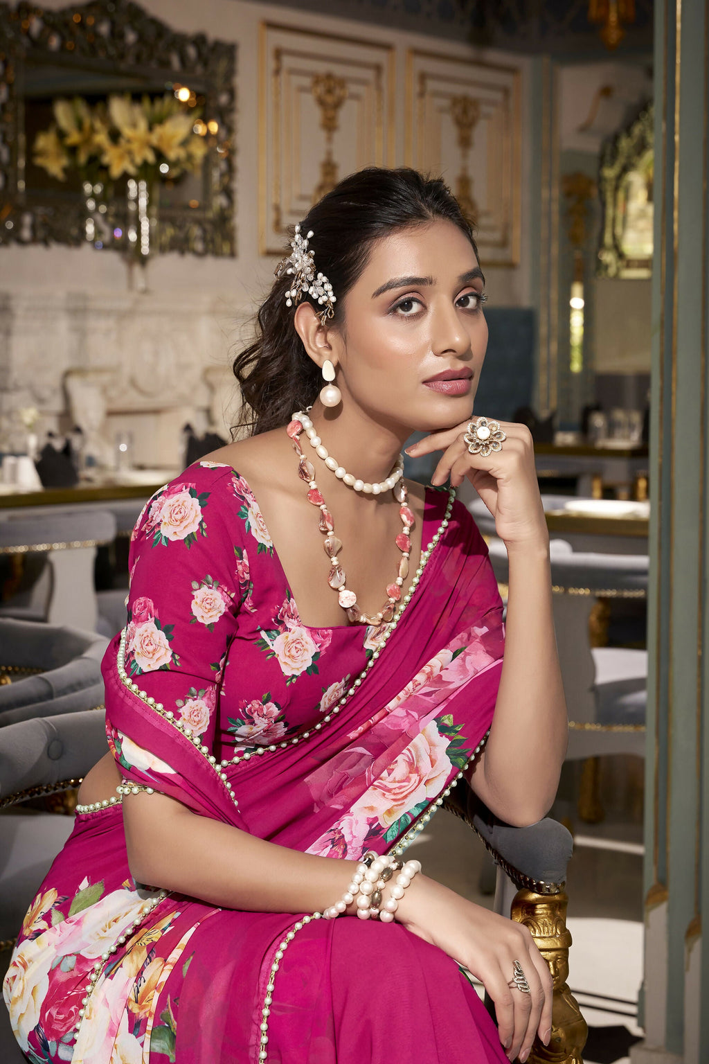 Vastranavya Pink Spectacular Georgette Printed with Pearl Lace Saree with Unstitched Blouse - Distacart