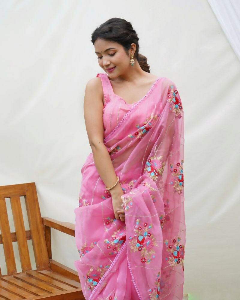 Vamsee Anamika Pink Organza Silk Saree