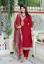 Miravan Women's Embroidered Pure Silk Red Kurta with Palazzo and Dupatta