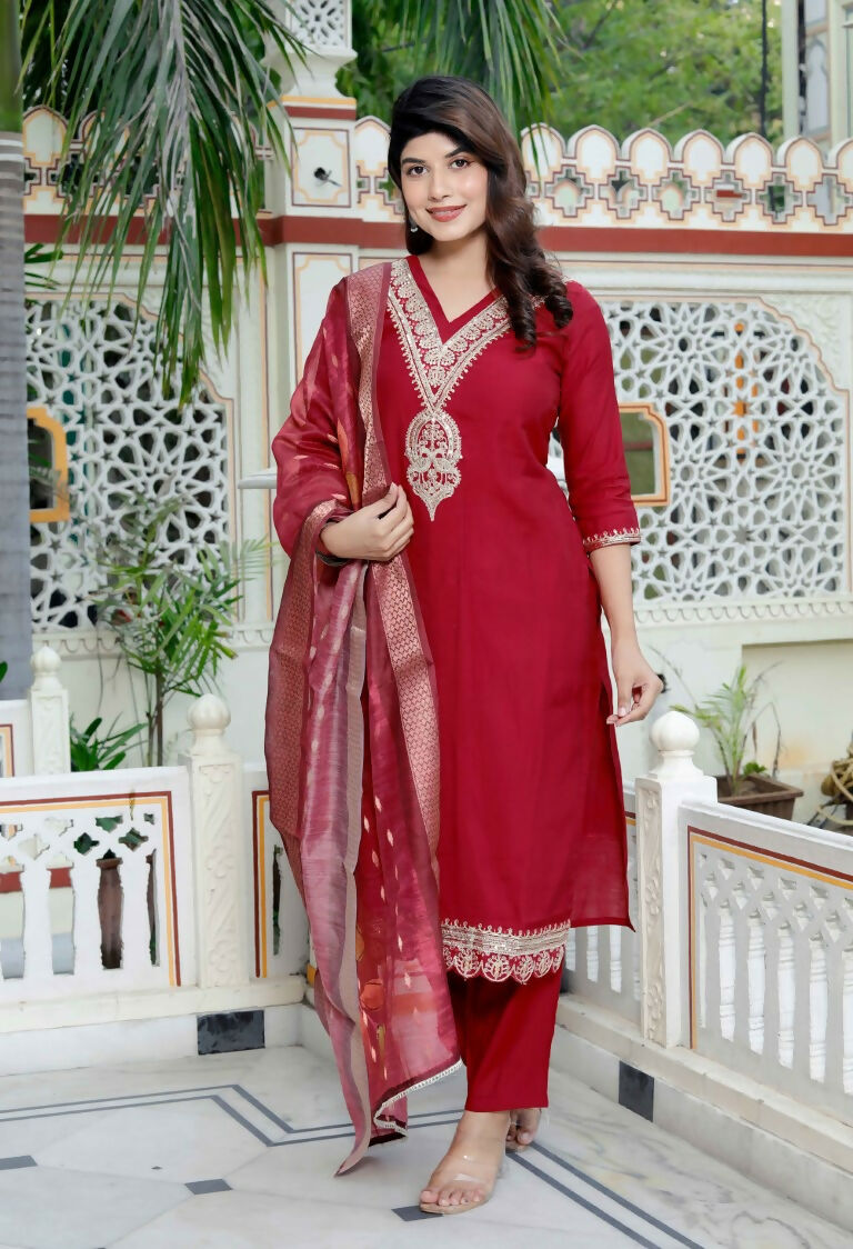 Miravan Women's Embroidered Pure Silk Red Kurta with Palazzo and Dupatta