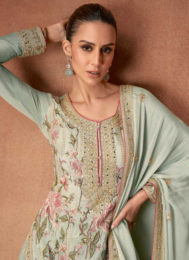 Vastranavya Sea Green Heavy Star Georgette Embroidered Sequins & Mirror Work Classy Pakistani Palazzo Suit
