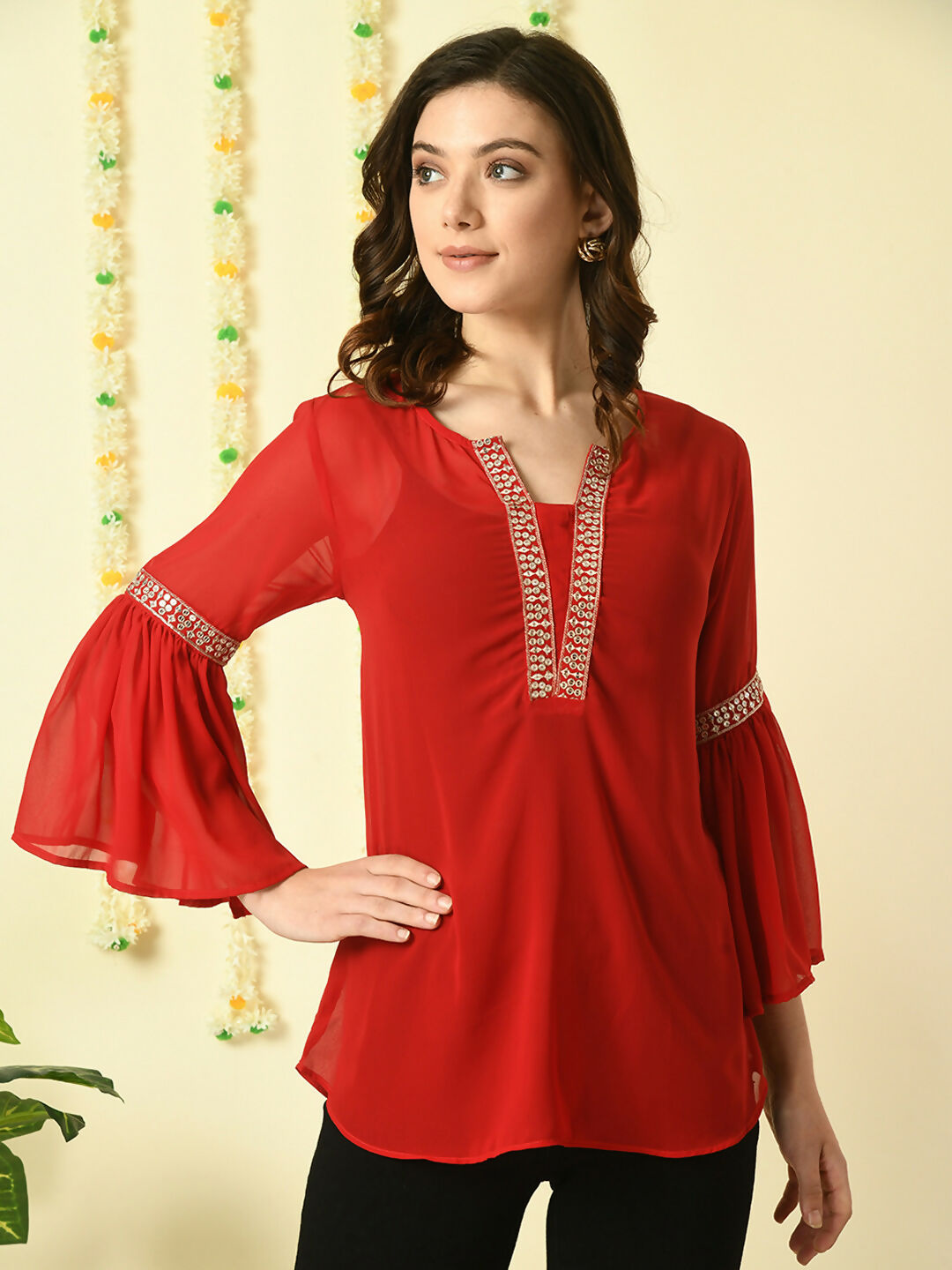 Myshka Women's Red Embroidered Party Fusion Top
