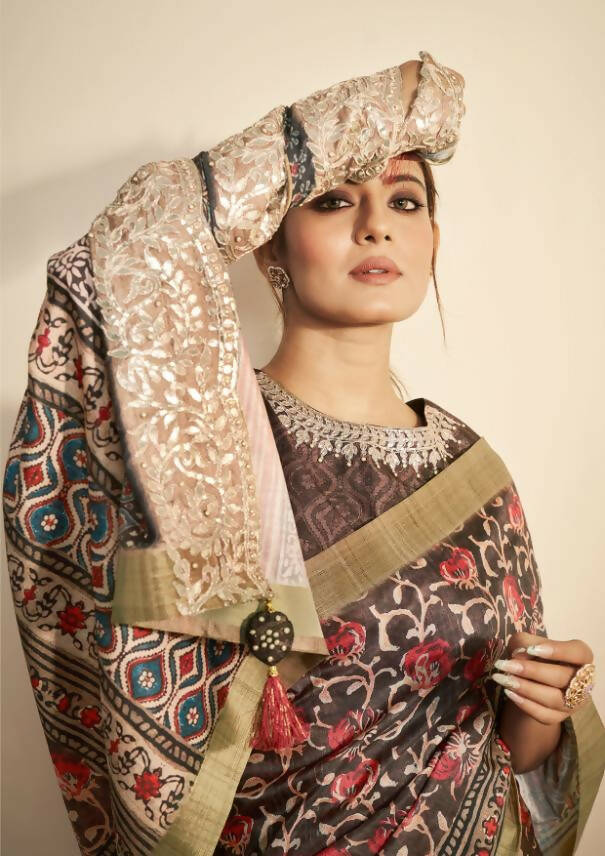 Brown Bhagalpuri Silk Floral Print with Hand work & Stone Work Border Saree - Norita Nirvi - Distacart