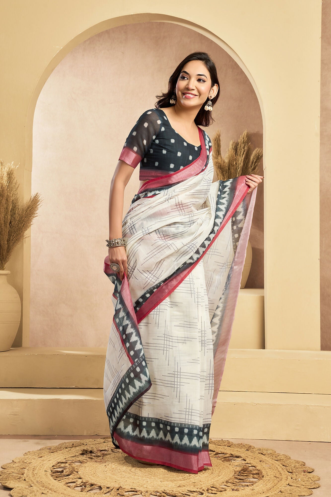 Vastranavya Digital Printed Linen Ready To Wear Pocket Saree with Unstitched Blouse - Distacart