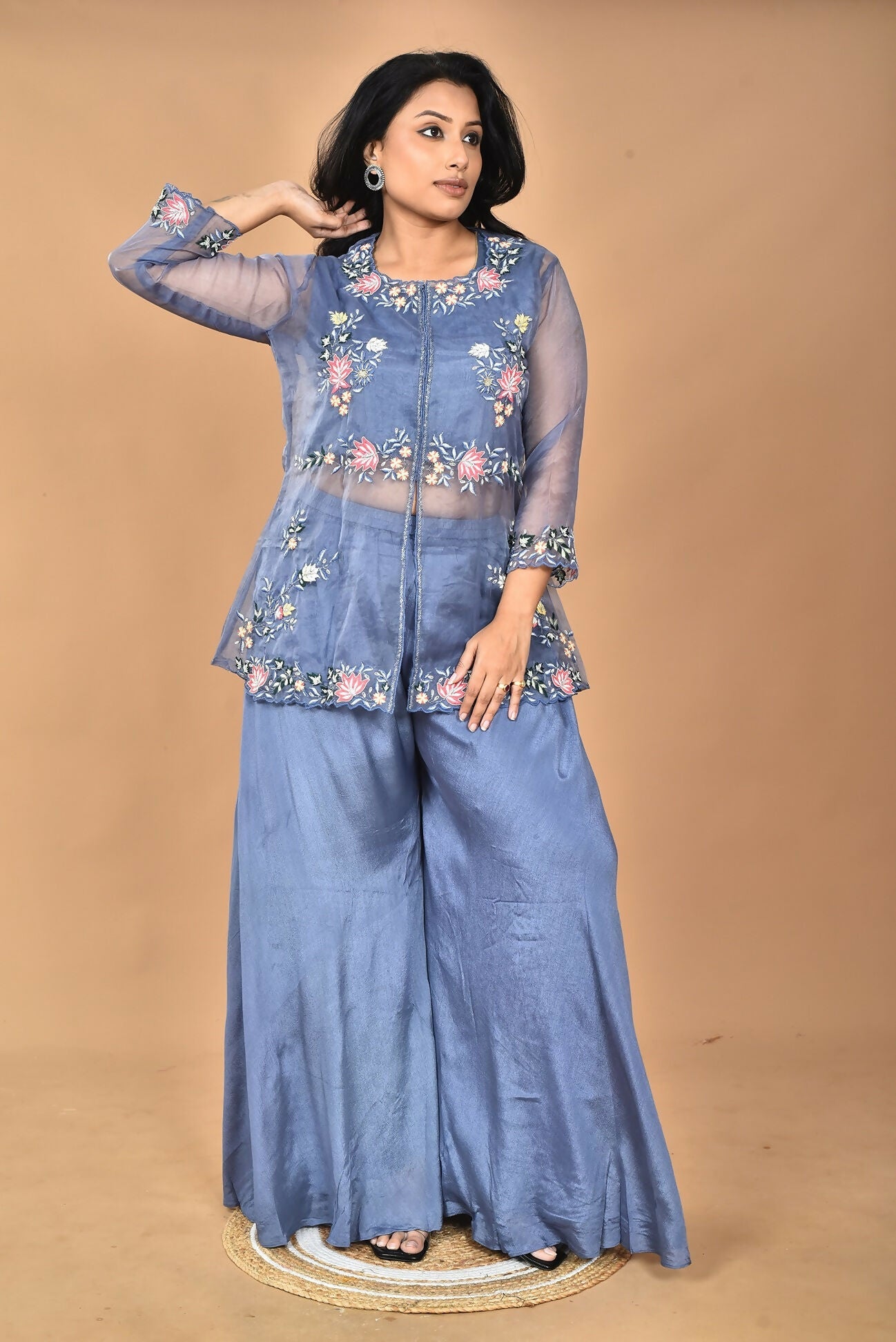 Morchari Women And Hand Embroidery Palazzo Set-Grey
