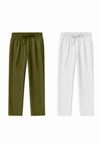 Fabmade Men’S Linen Pajama Combo – Olive & White (Pack Of 2)