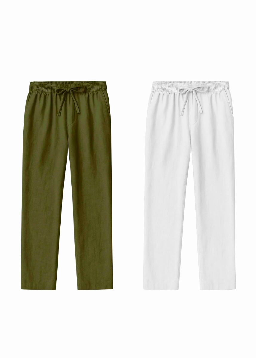 Fabmade Men’S Linen Pajama Combo – Olive & White (Pack Of 2)