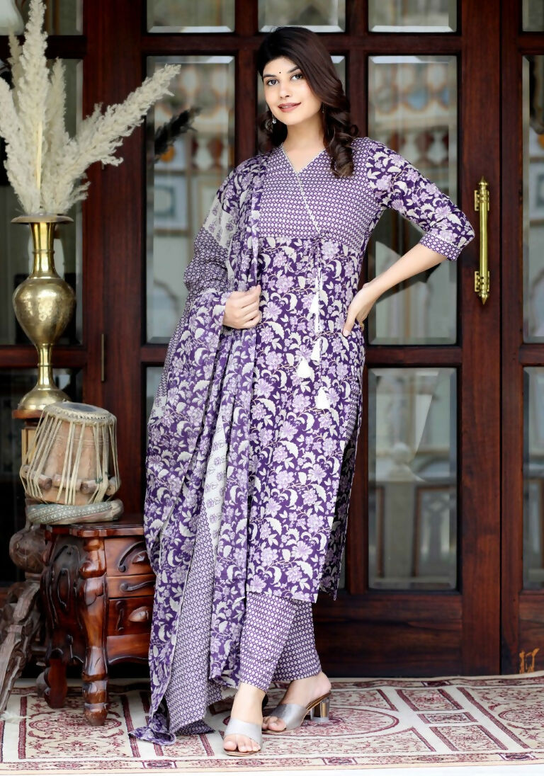 Miravan Women's Floral Block Printed Purple Angrakha Kurta And Palazzo With Dupatta Set