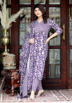 Miravan Women's Floral Block Printed Purple Angrakha Kurta And Palazzo With Dupatta Set