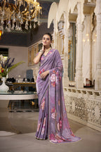 Vastranavya Grey Spectacular Georgette Printed with Pearl Lace Saree with Unstitched Blouse - Distacart
