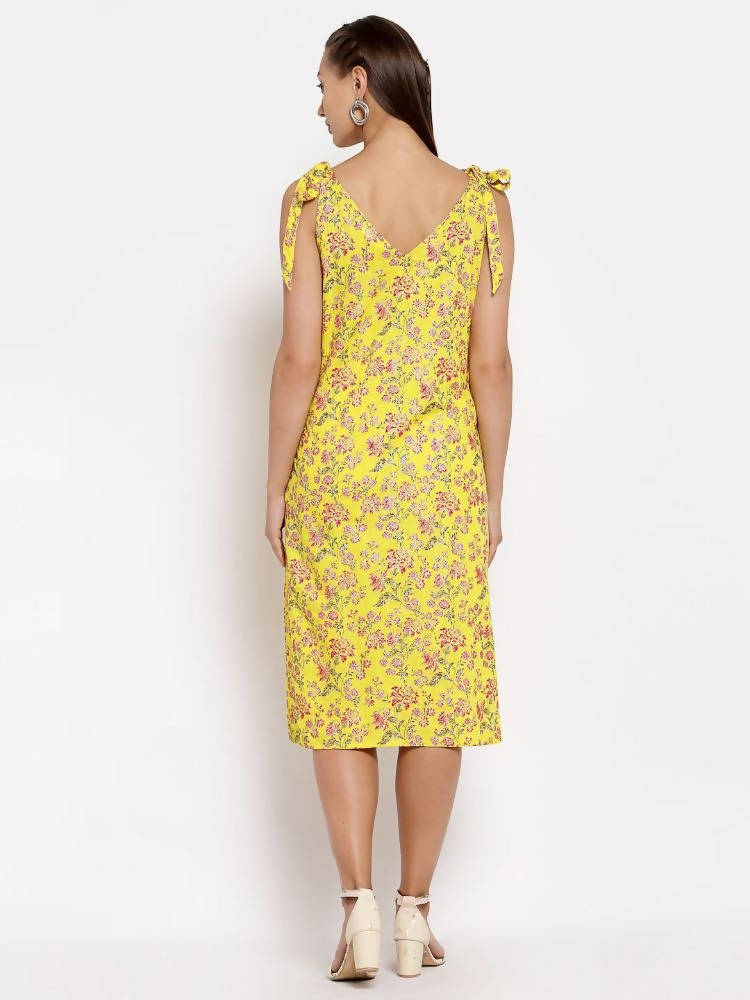 Myshka Women's Yellow Cotton Printed Sleeveless V Neck Casual Dress