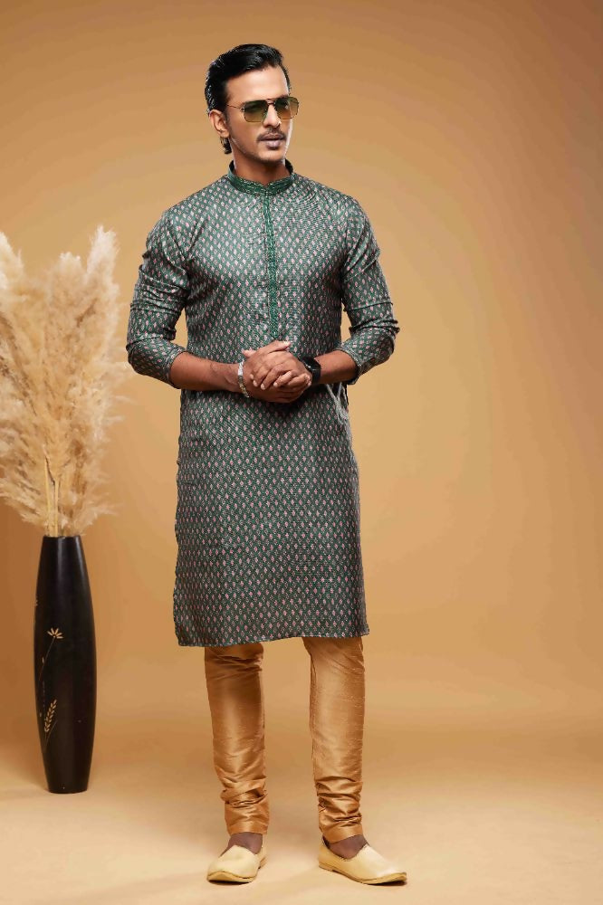 Raivat Ethnic Art Silk Digital Print Pintux Work Kurta Pajama In Green Colour
