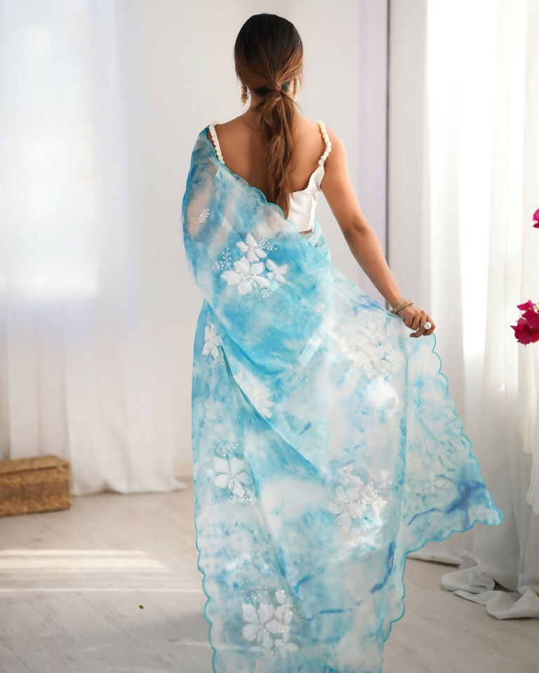 Sky Blue Jimmy Choo Printed, Sequence Embroidery Work Saree - Saima