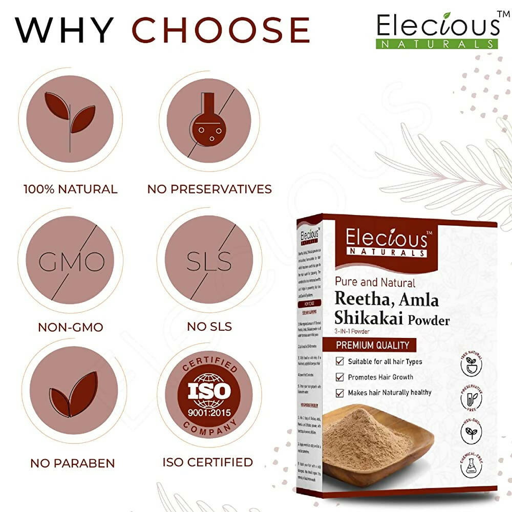 Elecious Naturals Amla, Reetha, Shikakai 3-in-1 Powder For Hair Cleanser - Distacart