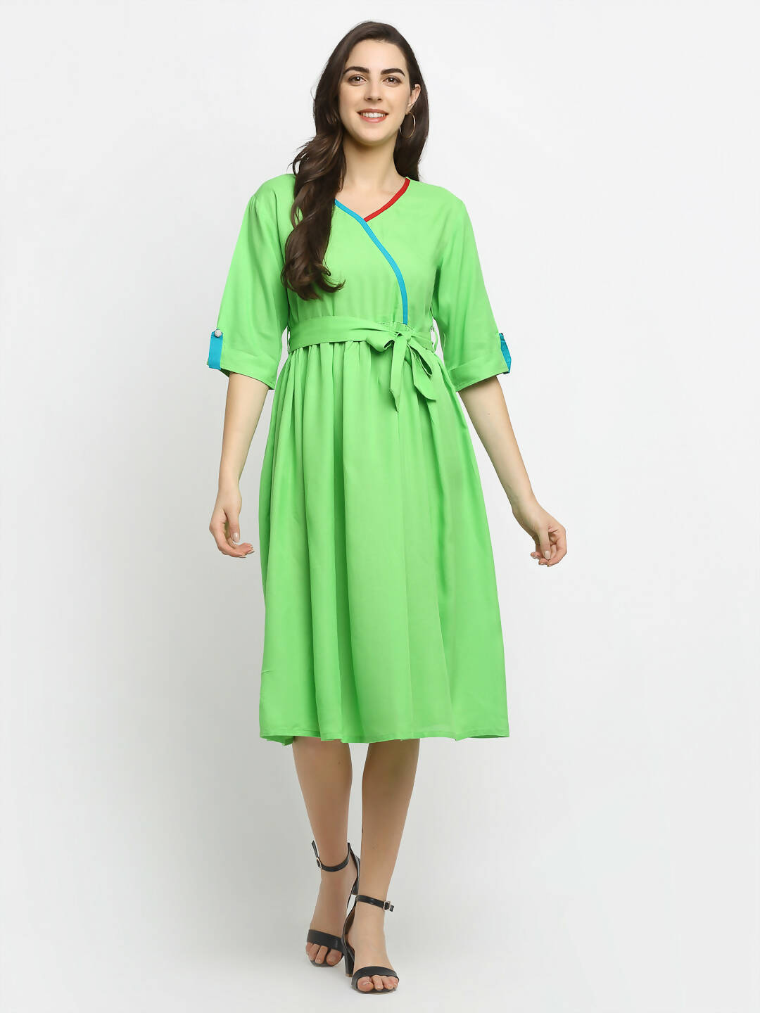 Rudra Bazaar Lime Green Flared Kurta with Belt - Distacart