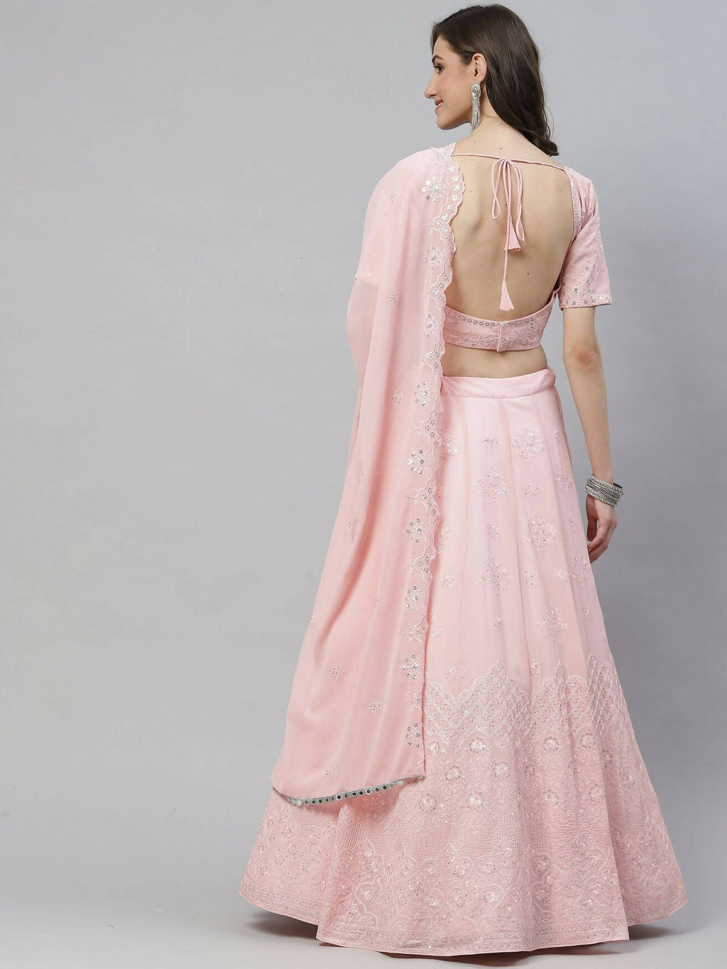 Pink Georgette Thread with Sequins Embroidered work Lehenga Choli with Dupatta - Jivika