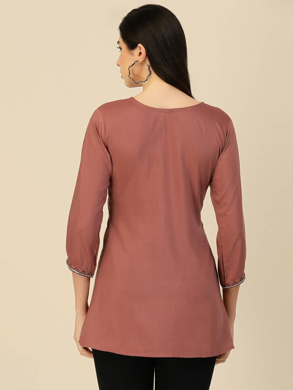 Brown Chinon Floral Embroidered Top - Zeny