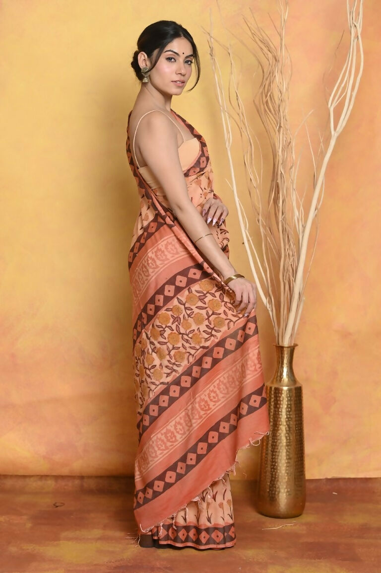 Very Much Indian Designer Modal Silk Saree With With Beautiful Floral Print - Light Orange - Distacart