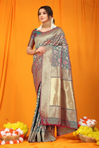 Jyoti Fashion Women's Grey Kanjivaram Silk Zari Woven Saree with Blouse - Distacart