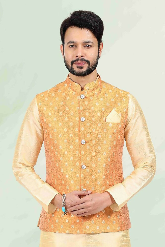 Raivat Ethnic Jacquard Banarasi Silk Woven Work 3 Pics Jacket Set In Mustard Colour - Distacart