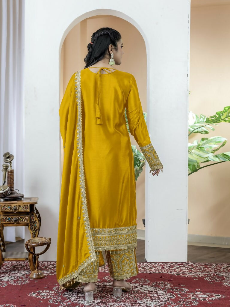 Teeya Creation Yellow Color Chinnon Silk Embroidery Work Fully Stitched Salwar Suit - Distacart