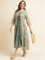 Green Cotton Solid Flared Dress with Printed Shrug - Yukti - Distacart