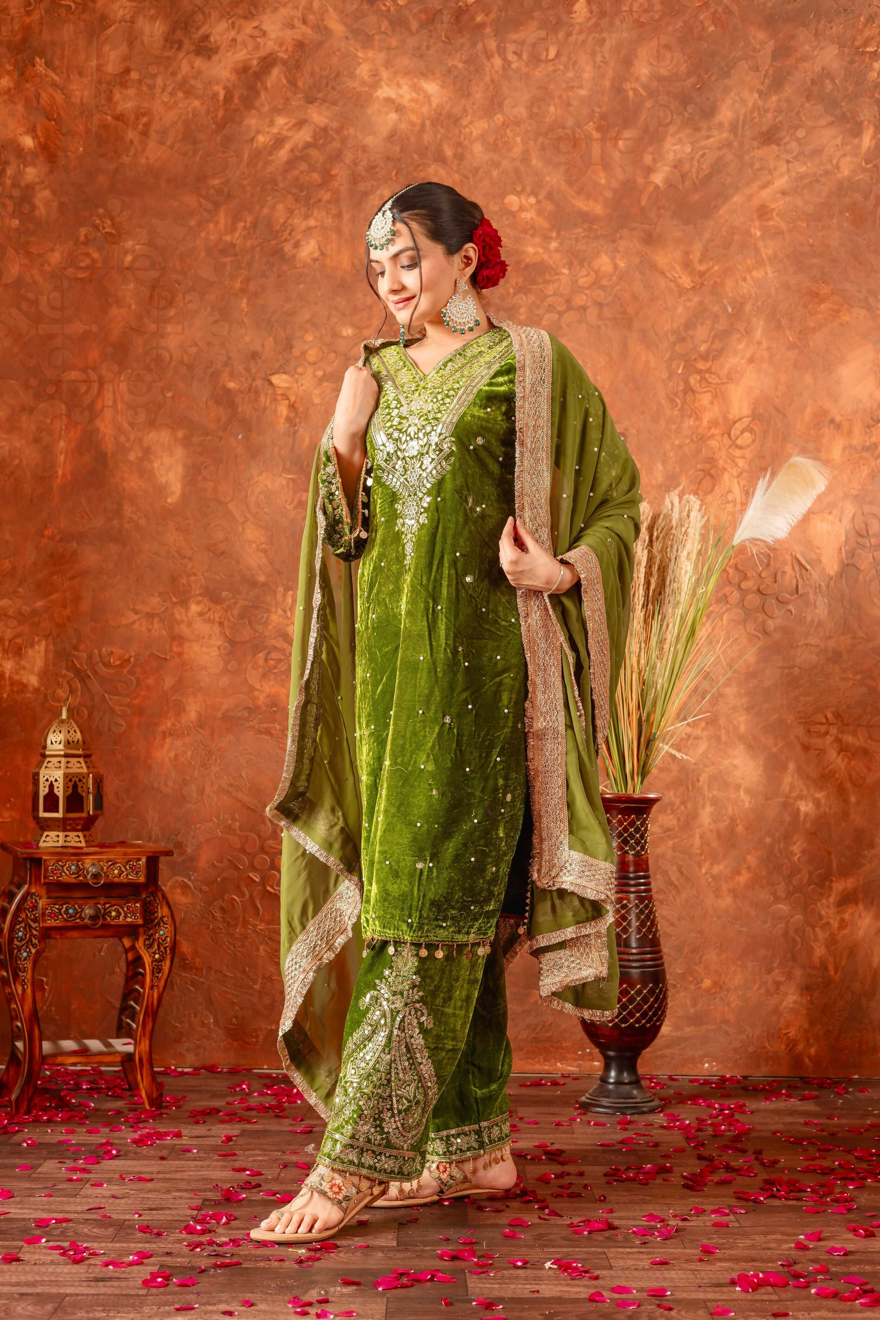 Teeya Creation Green Color Velvet Silk Embroidery Work Party Wear Suit - Distacart